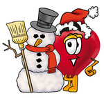 Clip Art Graphic of a Red Love Heart Cartoon Character With a Snowman on Christmas