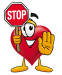 Clip Art Graphic of a Red Love Heart Cartoon Character Holding a Stop Sign