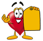Clip Art Graphic of a Red Love Heart Cartoon Character Holding a Yellow Sales Price Tag