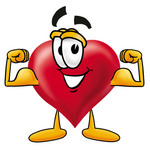 Clip Art Graphic of a Red Love Heart Cartoon Character Flexing His Arm Muscles