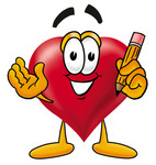 Clip Art Graphic of a Red Love Heart Cartoon Character Holding a Pencil