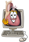 Clip Art Graphic of a Human Heart Cartoon Character Waving From Inside a Computer Screen