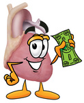 Clip Art Graphic of a Human Heart Cartoon Character Holding a Dollar Bill
