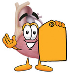 Clip Art Graphic of a Human Heart Cartoon Character Holding a Yellow Sales Price Tag