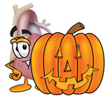 Clip Art Graphic of a Human Heart Cartoon Character With a Carved Halloween Pumpkin