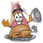 Clip Art Graphic of a Human Heart Cartoon Character Serving a Thanksgiving Turkey on a Platter