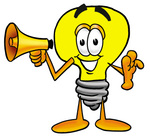Clip Art Graphic of a Yellow Electric Lightbulb Cartoon Character Holding a Megaphone