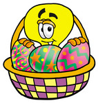 Clip Art Graphic of a Yellow Electric Lightbulb Cartoon Character in an Easter Basket Full of Decorated Easter Eggs
