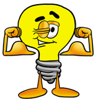 Clip Art Graphic of a Yellow Electric Lightbulb Cartoon Character Flexing His Arm Muscles