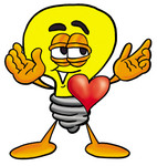 Clip Art Graphic of a Yellow Electric Lightbulb Cartoon Character With His Heart Beating Out of His Chest