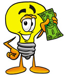 Clip Art Graphic of a Yellow Electric Lightbulb Cartoon Character Holding a Dollar Bill