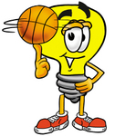 Clip Art Graphic of a Yellow Electric Lightbulb Cartoon Character Spinning a Basketball on His Finger