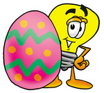 Clip Art Graphic of a Yellow Electric Lightbulb Cartoon Character Standing Beside an Easter Egg