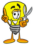 Clip Art Graphic of a Yellow Electric Lightbulb Cartoon Character Holding a Pair of Scissors