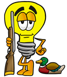 Clip Art Graphic of a Yellow Electric Lightbulb Cartoon Character Duck Hunting, Standing With a Rifle and Duck