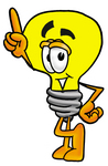 Clip Art Graphic of a Yellow Electric Lightbulb Cartoon Character Pointing Upwards