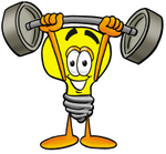 Clip Art Graphic of a Yellow Electric Lightbulb Cartoon Character Holding a Heavy Barbell Above His Head