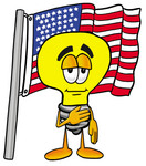Clip Art Graphic of a Yellow Electric Lightbulb Cartoon Character Pledging Allegiance to an American Flag