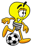 Clip Art Graphic of a Yellow Electric Lightbulb Cartoon Character Kicking a Soccer Ball