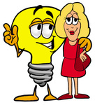 Clip Art Graphic of a Yellow Electric Lightbulb Cartoon Character Talking to a Pretty Blond Woman