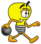 Clip Art Graphic of a Yellow Electric Lightbulb Cartoon Character Holding a Bowling Ball