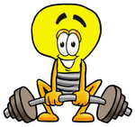 Clip Art Graphic of a Yellow Electric Lightbulb Cartoon Character Lifting a Heavy Barbell