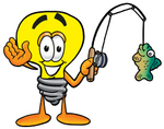 Clip Art Graphic of a Yellow Electric Lightbulb Cartoon Character Holding a Fish on a Fishing Pole