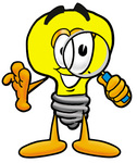 Clip Art Graphic of a Yellow Electric Lightbulb Cartoon Character Looking Through a Magnifying Glass