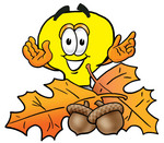 Clip Art Graphic of a Yellow Electric Lightbulb Cartoon Character With Autumn Leaves and Acorns in the Fall