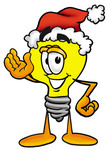 Clip Art Graphic of a Yellow Electric Lightbulb Cartoon Character Wearing a Santa Hat and Waving