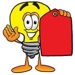 Clip Art Graphic of a Yellow Electric Lightbulb Cartoon Character Holding a Red Sales Price Tag