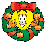 Clip Art Graphic of a Yellow Electric Lightbulb Cartoon Character in the Center of a Christmas Wreath