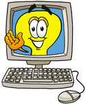 Clip Art Graphic of a Yellow Electric Lightbulb Cartoon Character Waving From Inside a Computer Screen