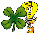 Clip Art Graphic of a Yellow Electric Lightbulb Cartoon Character With a Green Four Leaf Clover on St Paddy’s or St Patricks Day