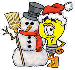 Clip Art Graphic of a Yellow Electric Lightbulb Cartoon Character With a Snowman on Christmas