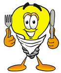 Clip Art Graphic of a Yellow Electric Lightbulb Cartoon Character Holding a Knife and Fork