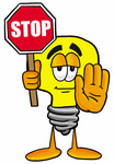 Clip Art Graphic of a Yellow Electric Lightbulb Cartoon Character Holding a Stop Sign