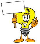 Clip Art Graphic of a Yellow Electric Lightbulb Cartoon Character Holding a Blank Sign