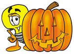 Clip Art Graphic of a Yellow Electric Lightbulb Cartoon Character With a Carved Halloween Pumpkin