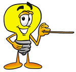 Clip Art Graphic of a Yellow Electric Lightbulb Cartoon Character Holding a Pointer Stick