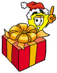 Clip Art Graphic of a Yellow Electric Lightbulb Cartoon Character Standing by a Christmas Present