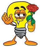 Clip Art Graphic of a Yellow Electric Lightbulb Cartoon Character Holding a Red Rose on Valentines Day