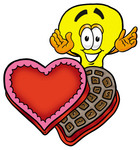 Clip Art Graphic of a Yellow Electric Lightbulb Cartoon Character With an Open Box of Valentines Day Chocolate Candies