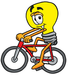 Clip Art Graphic of a Yellow Electric Lightbulb Cartoon Character Riding a Bicycle