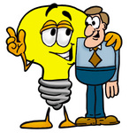 Clip Art Graphic of a Yellow Electric Lightbulb Cartoon Character Talking to a Business Man