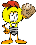 Clip Art Graphic of a Yellow Electric Lightbulb Cartoon Character Catching a Baseball With a Glove