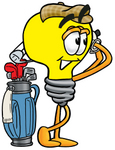 Clip Art Graphic of a Yellow Electric Lightbulb Cartoon Character Swinging His Golf Club While Golfing
