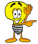 Clip Art Graphic of a Yellow Electric Lightbulb Cartoon Character Waving and Pointing