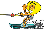 Clip Art Graphic of a Yellow Electric Lightbulb Cartoon Character Waving While Water Skiing