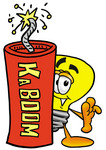 Clip Art Graphic of a Yellow Electric Lightbulb Cartoon Character Standing With a Lit Stick of Dynamite